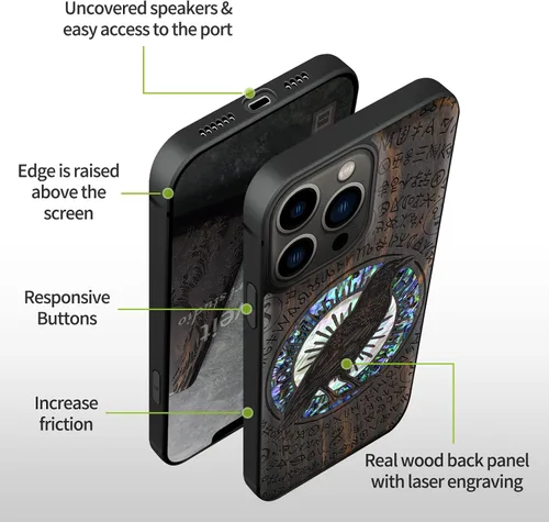 Vista 6 de Carveit Funda protectora de madera de diseñador para iPhone 13 Pro, funda magnética, grabado en madera e incrustaciones de concha, funda de madera