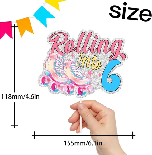 Vista 2 de Patines rosados con purpurina para tartas para niños y niñas que se enrollan en 6 suministros de decoración de fiesta de cumpleaños de los años 80