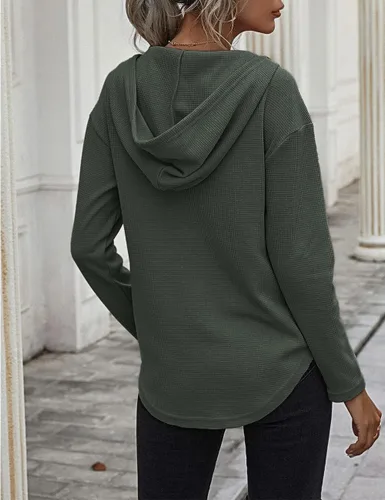 Vista 2 de Sudadera de manga larga con capucha y cuello en V, sudadera sin botones con cordón y bolsillo