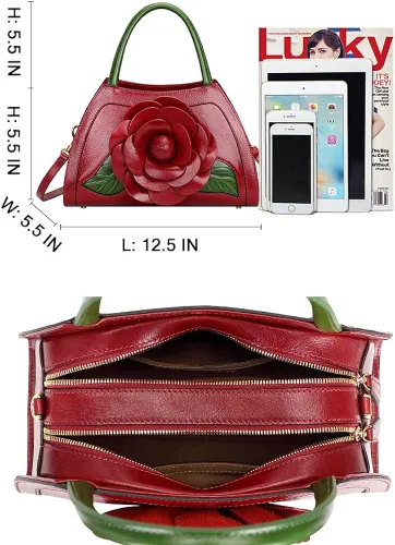 Vista 7 de PIJUSHI Bolsos florales de diseño para mujer de cuero auténtico con asa superior