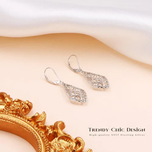 Vista 7 de Aretes colgantes de filigrana con forma de lágrima de plata de ley, regalos de joyería para mujer