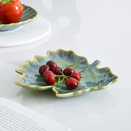 Vista 5 de VOMANA Plato de cerámica para joyas, bandeja de cerámica verde, plato de porcelana versátil para baratijas de porcelana, cuenco decorativo