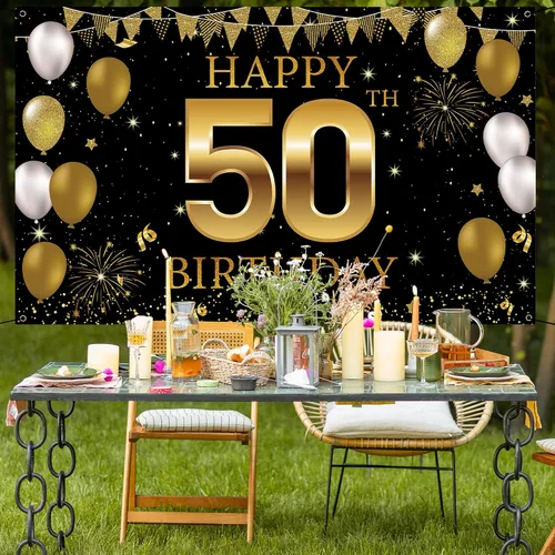 Vista 5 de Cartel de fondo para decoración de cumpleaños número 50, decoraciones de feliz cumpleaños 50 para hombres y mujeres, fiesta de cumpleaños de 50