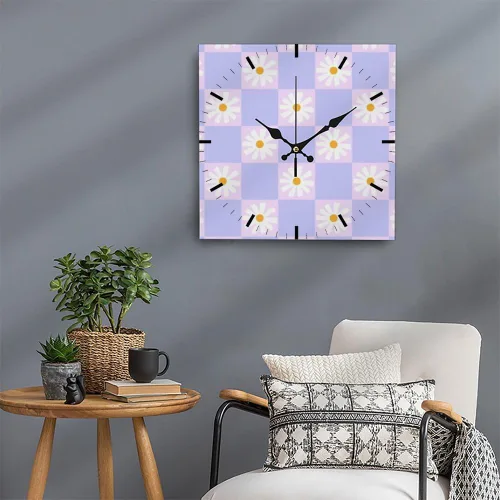 Vista 5 de Retro Checkered Purple Flower Battery Operated Clock Wall Clocks Battery Operated Wall Clock Decor Set Clocks Reloj De Pared for Kitchen Bathroom