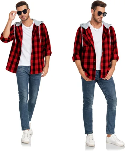 Vista 2 de Camisa de franela con capucha a cuadros para hombre, manga larga, casual, con botones