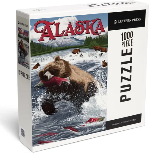 Vista 2 de Lantern Press Rompecabezas de 1000 piezas, pescado de salmón de oso grizzly, Alaska