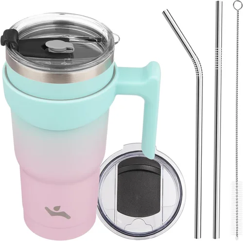 Vista 65 de Konokyo - Vaso de 10 onzas con asa y 2 popotes, 2 tapas, botella de agua aislada de acero inoxidable, taza de viaje reutilizable, color verde militar