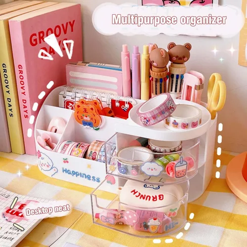Vista 6 de MLAFE Kawaii - Caja de almacenamiento de artículos de papelería, organizador de maquillaje, suministros de cuenta de mano, lindo organizador Rosa