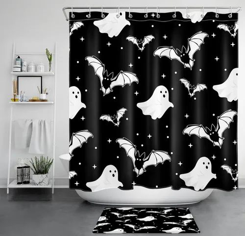 Vista 18 de HVEST Cortina de ducha con ganchos, calabaza espeluznante y fantasma con sombrero de bruja negro, juego de cortina de ducha naranja con flores