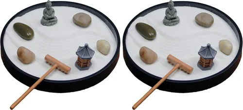 Vista 14 de Kit de jardín zen mini de Nature's Mark para escritorio con rastrillo, arena blanca, figura de loto, base cuadrada negra de 3 secciones, rocas