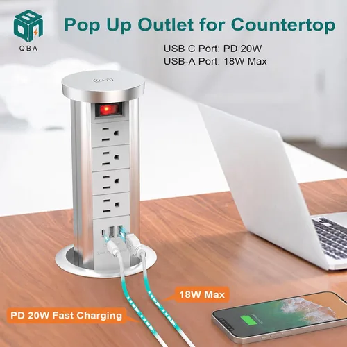 Vista 10 de Toma de corriente desplegable para encimera con PD de 20 W USB-C, toma de escritorio empotrada con cargador inalámbrico de 10 W, 4 salidas de CA, 3