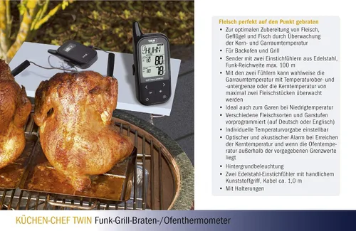 Vista 9 de TFA Dostmann Termómetro inalámbrico para carne de barbacoa Küchen-Chef, 14.1511.01, incluye sonda doble, tipos de carne preprogramados, termómetro