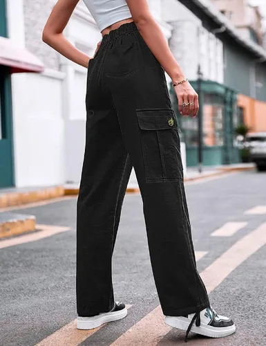 Vista 2 de Pantalones cargo de cintura alta para mujer, holgados, pierna ancha, pantalones casuales Y2K con 6 bolsillos, cordón en los tobillos, color negro