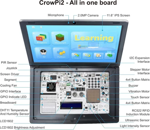Vista 5 de ELECROW Crowpi2 - Kit todo en uno para Raspberry Pi 5, kit todo en uno para laptop Raspberry Pi con pantalla de 11.6 pulgadas (kit básico)