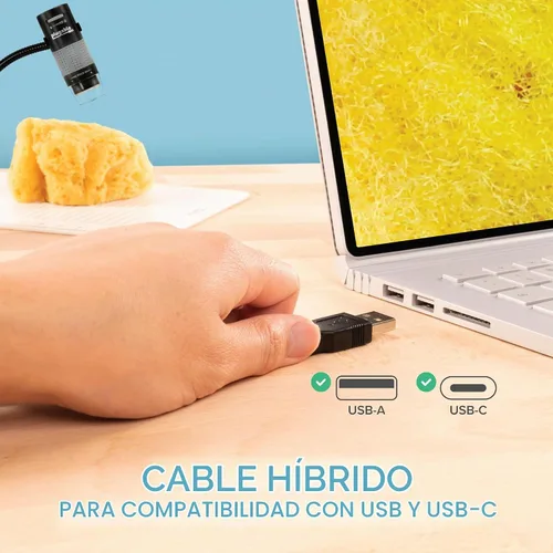 Vista 3 de Plugable - Microscopio digital USB 250x, cámara micro de 2 Mpx con brazo flexible y soporte - Microscopio USB y USB-C portátil, compatible
