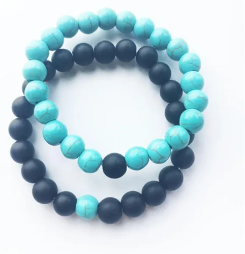 Vista 6 de Pulseras para Él y para Ella en ágata negra mate y turquesa de 8 mm, brazalete de distancia de arenisca para parejas, marca Xiaoli.