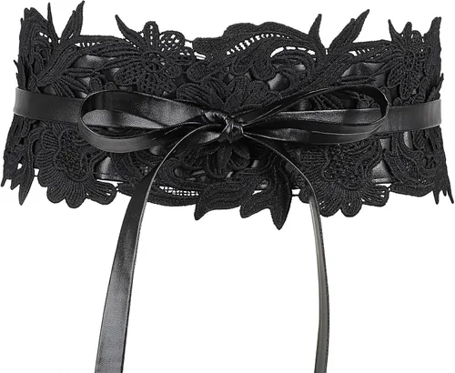 Vista 8 de JASGOOD Cinturón de cuero estilo Obi para mujer, cinturón ancho cruzado Negro