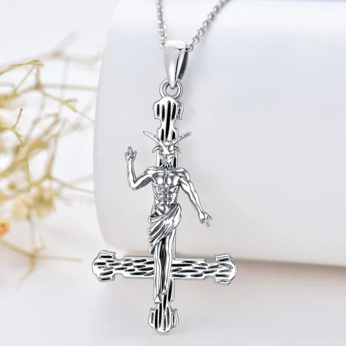 Vista 2 de PROESS Satanic Necklace Sterling Silver Inverted Cross Pendant Baphomet Necklace Goat Head Satanic Jewelry Gifts for Women Men