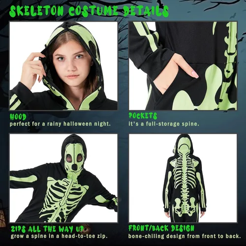 Vista 5 de PARTISKY Adult Onesie Skeleton Costume Women & Men, Glow in the Dark Halloween Skeleton Jumpsuit with Zipper Hooded