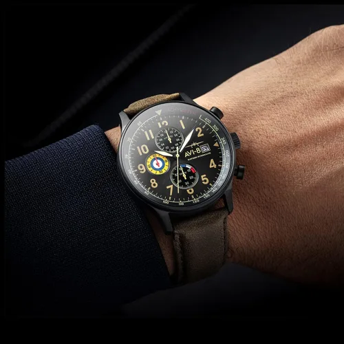 Vista 6 de Reloj analógicoAV-4011Hawker Hurricane, con mecanismo de cuarzo japonés, con correa de piel, de AVI-8