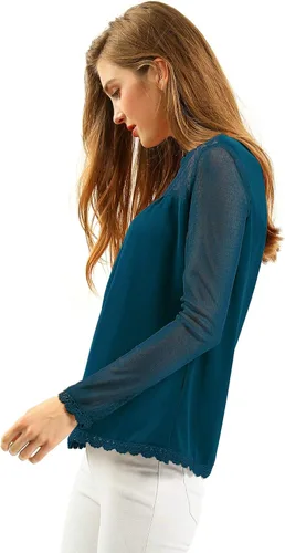Vista 4 de Allegra K Blusa de manga larga de encaje de malla transparente para mujer