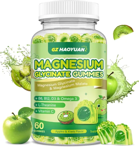 Vista 8 de Gomitas de glicinato de magnesio para niños y adultos, malato de magnesio sin azúcar con L-teanina, omega-3, vitamina D3, B6, B12, C - sueño, calma