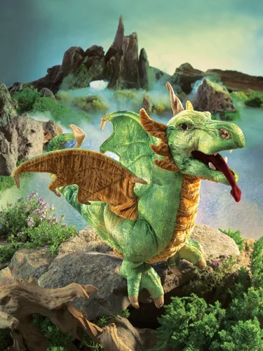 Vista 3 de Folkmanis Wyvern - Marioneta de mano de dragón, verde, blanco