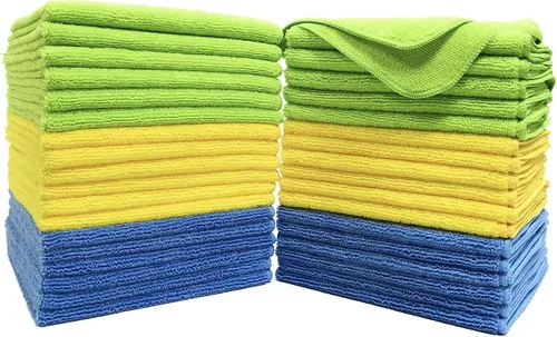 Vista 6 de POLYTE Toalla de limpieza de microfibra premium, 16 x 16 pulgadas, paquete de 36 (azul, gris, amarillo)