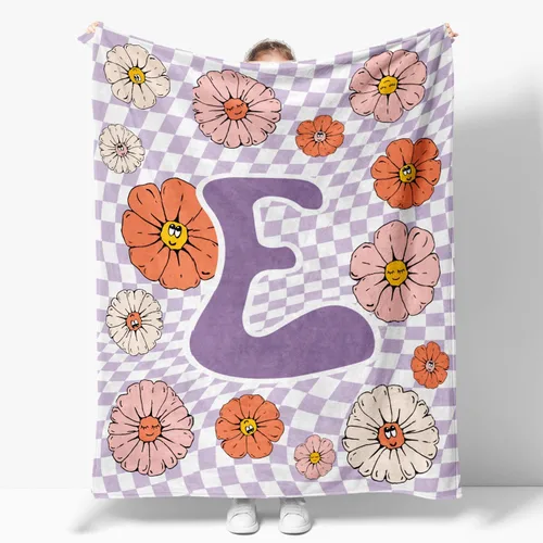 Vista 7 de Manta retro de los años 70 con inicial B floral a cuadros, groovy abstracta estética, manta de franela suave personalizada, regalos con monograma