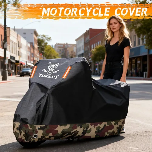 Vista 8 de Funda impermeable para motocicleta, bolsa de almacenamiento para exteriores, hecha de material resistente con agujeros de bloqueo y tira