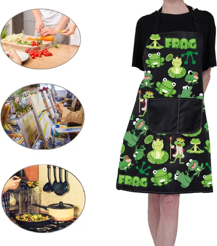 Vista 7 de CMNIM Delantal de rana con bolsillo, lindo delantal de cocina y horneado, divertido delantal de jardinería para regalos de amantes de las ranas