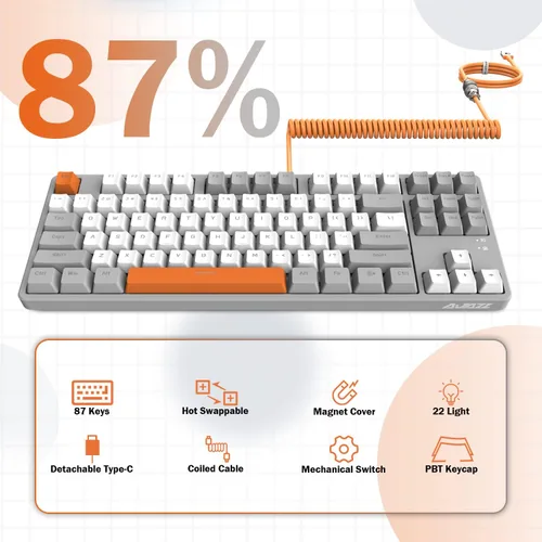 Vista 3 de A.JAZZ AK873 Teclado mecánico TKL con cable de 87 teclas para juegos con retroiluminación arco iris, interruptor azul táctil táctil NKRO, cable