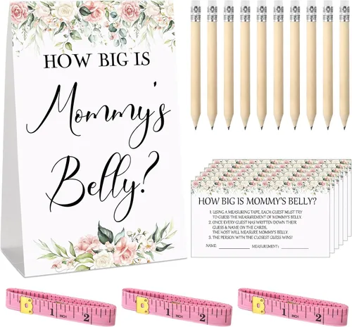 Vista 94 de Sabary 64 Piezas Juegos de Baby Shower Incluyen Letrero How Big is Mommy's Belly Sign Measure Bump Game 50 Tarjetas 10 Lápices 3 Cintas Métricas