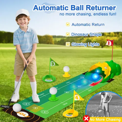 Vista 2 de Juego de golf para niños mejorado con palos de golf para niños con dinosaurio, devueltor automático de golf para niños pequeños con bolas luminosas