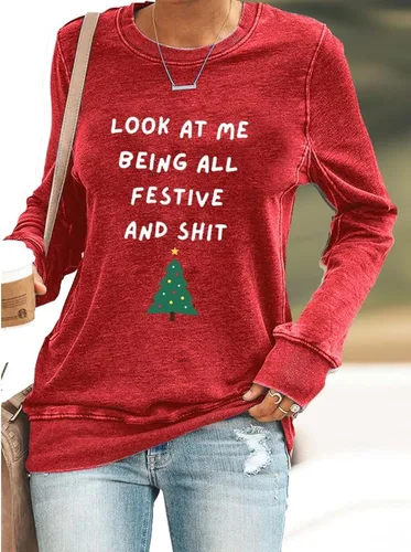 Vista 2 de SameeFloral Look At Me Being All Festive - Sudadera con cuello redondo, casual, divertida, para regalo de Navidad