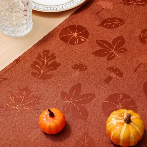 Vista 7 de Moosfor Camino de mesa rectangular de Acción de Gracias de 13 x 72 pulgadas, mantel jacquard impermeable de otoño con calabaza, hongos, manteles
