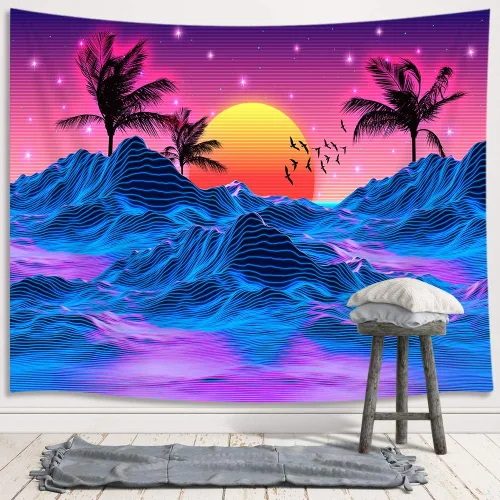 Vista 3 de JAWO Tapiz pequeño retro neón Trippy para hombres, fresco sol de montaña de los años 70 y 80, decoración de habitación estética, tapiz colgante