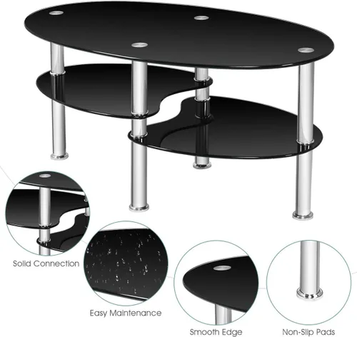 Vista 7 de POWERSTONE Mesa de centro ovalada negra de 3 niveles de vidrio templado, pequeña y moderna para oficina en casa, sala de estar, espacios pequeños