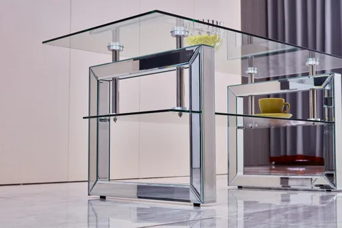 Vista 5 de Mesa de café moderna de vidrio para sala de estar, oficina, mesa de centro rectangular de 2 niveles de 39.4 pulgadas con patas espejadas, mesa
