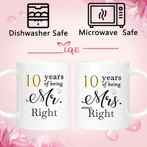 Vista 5 de Juego de 2 tazas de café para el 10º aniversario, regalos de boda para parejas, padres, hombres, mujeres, marido, esposa, él, ella, caja de regalo