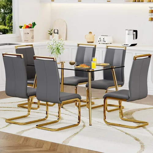 Vista 19 de Juego de mesa de comedor de vidrio Ebullient para 4, mesa de 51" de vidrio templado transparente con patas de metal negro y 4 sillas de acrílico