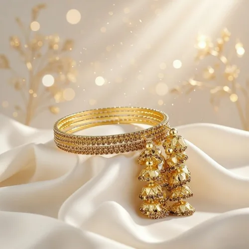 Vista 2 de Efulgenz Juego de pulseras de borla india CZ Jhumka con borla Oro