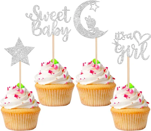 Vista 10 de 36 piezas de decoración para cupcakes con diseño de luna con purpurina de luna y estrella para revelación de género de bebé, baby shower, fiestas