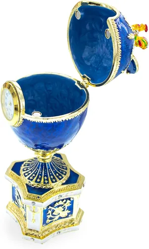 Vista 6 de 1904 Kelch Chanticleer Blue Esmalte Royal Imperial Huevo de Pascua con Reloj
