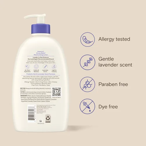 Vista 9 de Aveeno Gel de baño para aliviar el estrés para mujeres, aroma a lavanda calmante y avena prebiótica, limpiador para pieles secas sensibles, sin