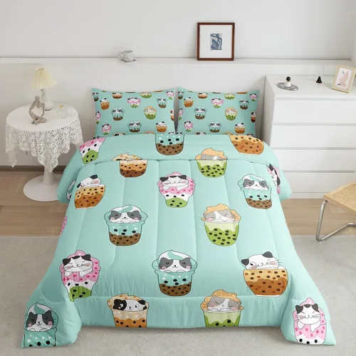 Vista 25 de Feelyou Juego de edredón de dibujos animados de gatos, juego de edredón de gatitos y flores, para niños, niñas, adolescentes, mascotas, gatos, juego