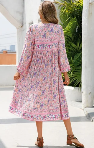 Vista 3 de R.Vivimos - Vestidos por debajo de la rodilla, de manga larga, con estampado floral, de estilo retro y bohemio, con cuello en V y borlas para mujer