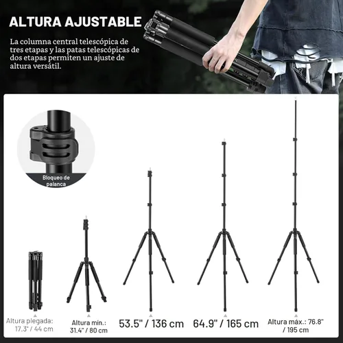 Vista 2 de NEEWER Trípode para Luz de Fotografía, 47-195cm/1.5-6.4ft de Aluminio Trípode de Iluminación de Estudio Reversible, Trípode Portátil para Video