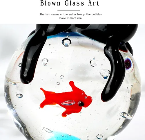 Vista 3 de QFkris Figura de gato negro de vidrio soplado, escultura de animales de cristal de 1.6 pulgadas, figuras coleccionables de arte de gatos y peces