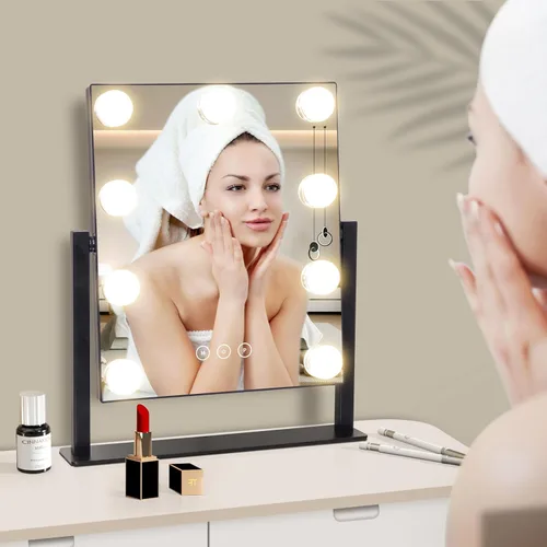 Vista 7 de Espejo de tocador con luces, espejo de maquillaje con luces con 9 bombillas LED regulables, 3 modos de iluminación de color desmontables, espejo